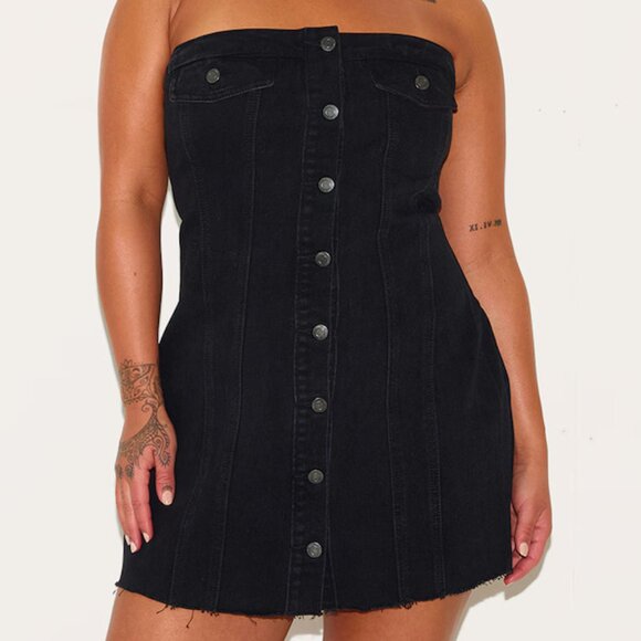 PrettyLittleThing Black Strapless Button-Down Dress - Picture 1 of 8